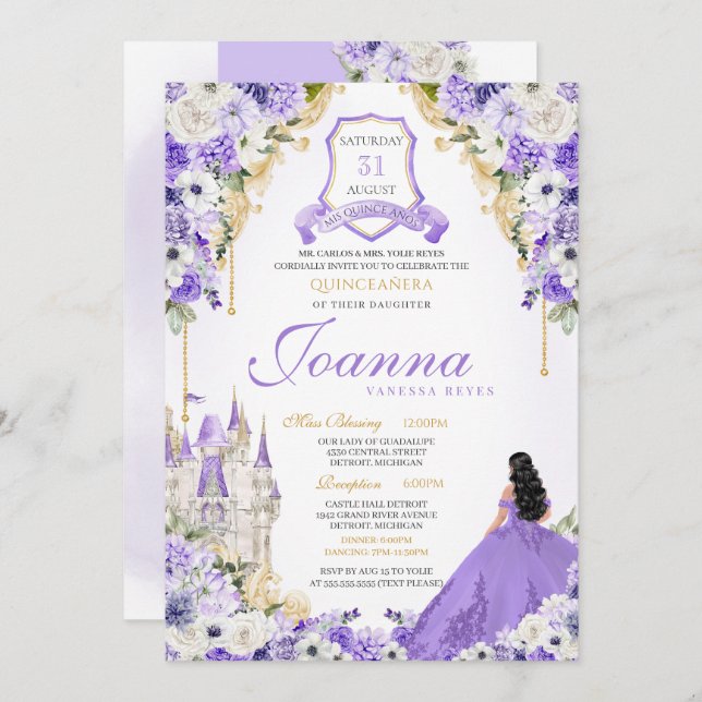 Invitación Morado Real Princesa Oro y Lavanda Quinceanera (Anverso / Reverso)