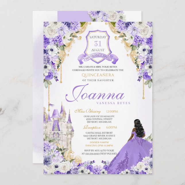 Invitación Morado Real Princesa Oro y Lavanda Quinceanera (Anverso / Reverso)