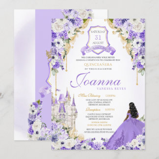 Invitación Morado Real Princesa Oro y Lavanda Quinceanera