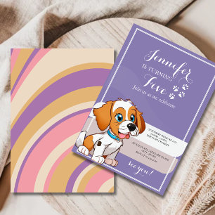 Invitación Morado Retro Cute Cachorro Niños con temática de c