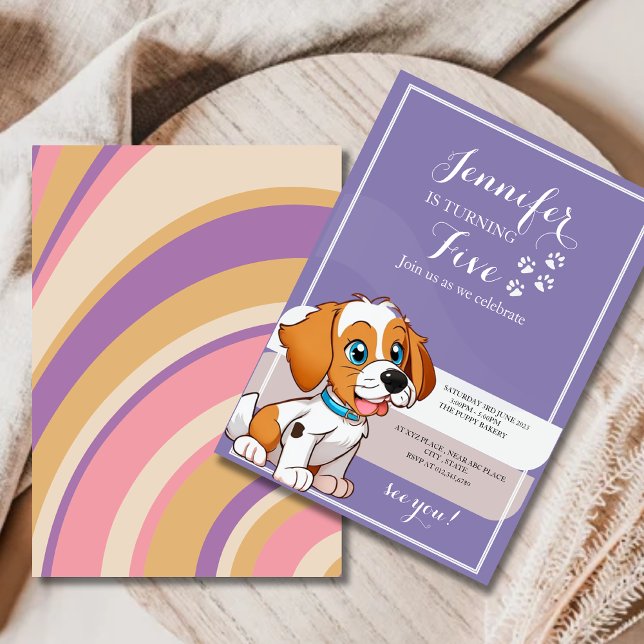 Invitación Morado Retro Cute Cachorro Niños con temática de c (Subido por el creador)