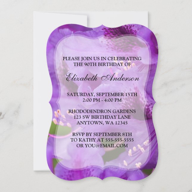 Invitación Morado Rhododendron Flores 90 cumpleaños (Anverso)