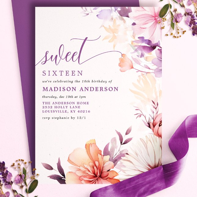 Invitación Morado Romántico Y Flor Silvestre Rosa Dulce 16 (Subido por el creador)