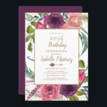 Invitación Morado Rosa Boho Pluma Floral Dorado Cumpleaños 60<br><div class="desc">Invitación de cumpleaños número 60 con estilo boho de flores,  plumas y flecha en colores púrpura,  burdeos y rosa con brillo dorado. Contáctenos para obtener ayuda con la personalización o para solicitar productos coincidentes.</div>