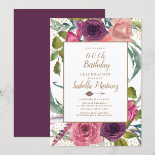 Invitación Morado Rosa Boho Pluma Floral Dorado Cumpleaños 60