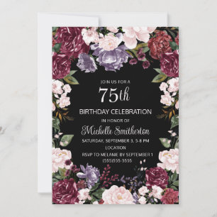 Invitación Morado Rosa Borgoña Floral Negro 75 cumpleaños