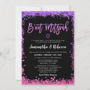 Invitación Morado Rosa Brillo Falso B'not Mitzvah