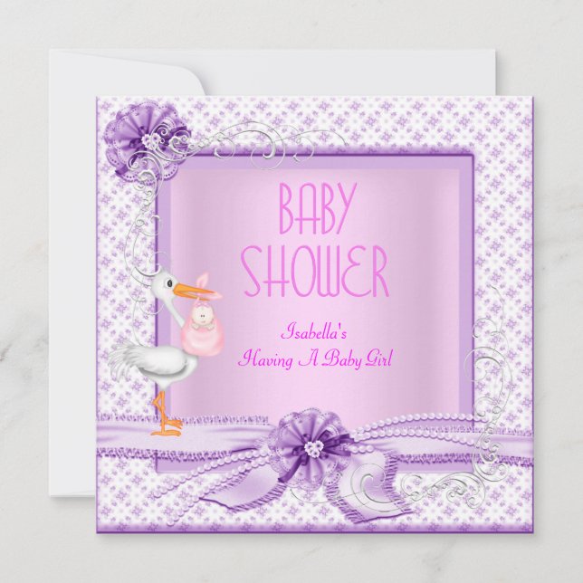 Invitación Morado rosa Chica Baby Shower Floral (Anverso)