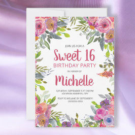 Invitación Morado rosa color de agua dulce floral 16 cumpleañ