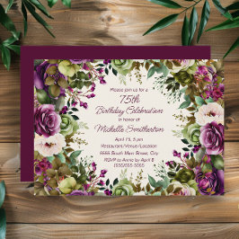 Invitación Morado Rosa Floral Botánico 75 cumpleaños