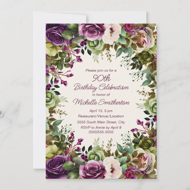 Invitación Morado rosa Floral Verde deja 90 cumpleaños (Anverso)