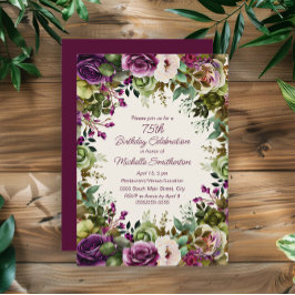Invitación Morado rosa Floral verde hojas 75 cumpleaños