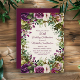 Invitación Morado rosa Floral verde hojas 80 cumpleaños