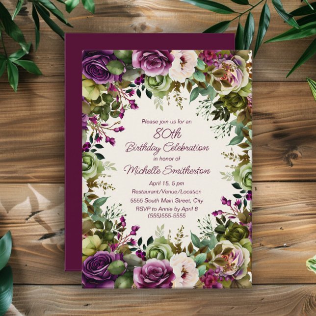 Invitación Morado rosa Floral verde hojas 80 cumpleaños (Purple and pink watercolor floral 80th birthday party invitation)