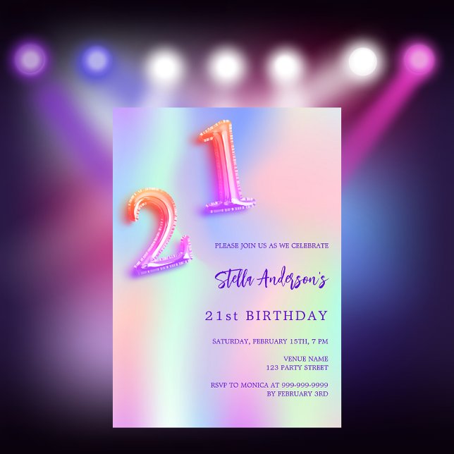 Invitación Morado rosado holográfico de 21 años (Subido por el creador)