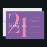 Invitación Morado rosado Minimalista moderno 21 cumpleaños<br><div class="desc">Moderna invitación minimalista de 21 años con un diseño sencillo con tipografía de moda y escritura elegante.</div>