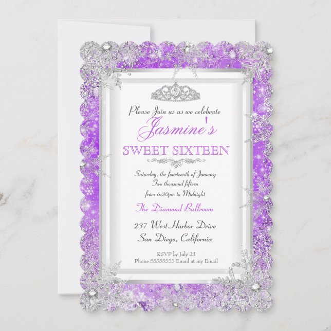 Invitación Morado rosado plateado invierno Wonderland dulce 1 (Anverso)