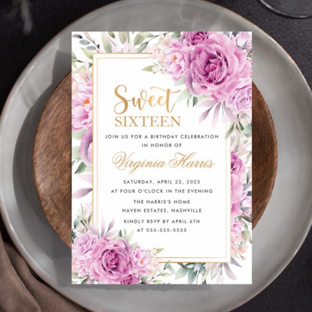Invitación Morado Rosas Dulce Floral Dieciséis Cumpleaños (Subido por el creador)