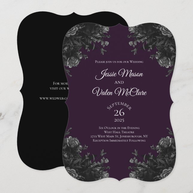 Invitación Morado Rosas Gris Negro Elegante Boda Gótica (Anverso / Reverso)