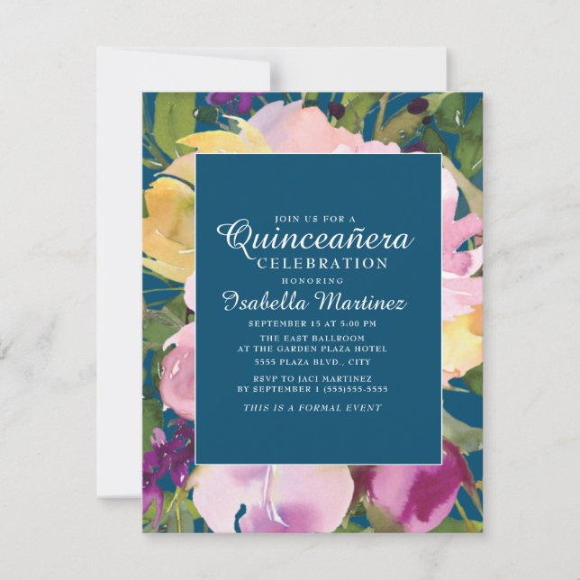Invitación Morado Rubor Amarillo Floral Marina Azul Quinceañe (Anverso)