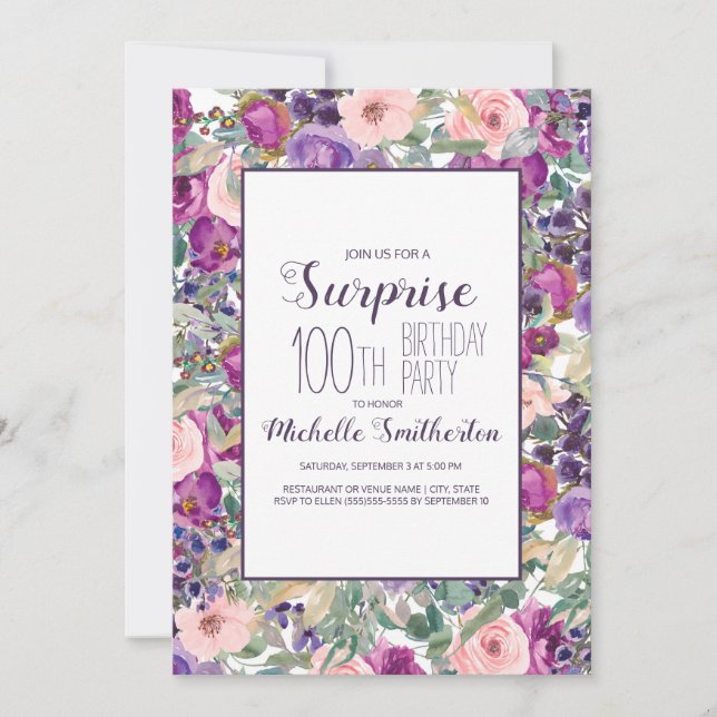 Invitación Morado Rubor Floral rosa deja 100 cumpleaños (Anverso)