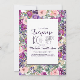 Invitación Morado Rubor Floral rosa deja 100 cumpleaños
