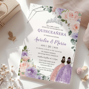 Invitación Morado Rubor Floral Rosa gemelos Silver Quinceañer