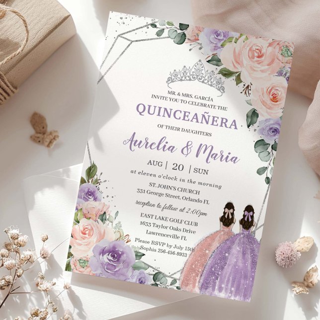 Invitación Morado Rubor Floral Rosa gemelos Silver Quinceañer (Subido por el creador)