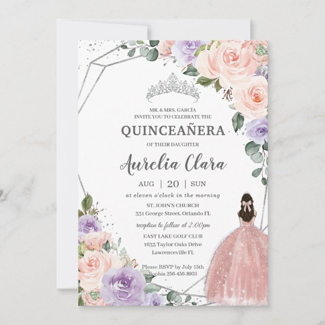 Invitación Morado Rubor Floral Rosa Vestido Plata Quinceañera (Anverso)