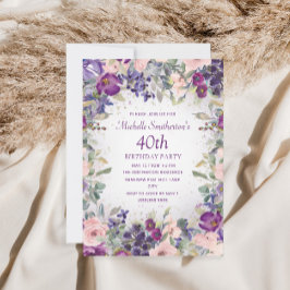 Invitación Morado Rubor Foliage floral rosa 40 cumpleaños