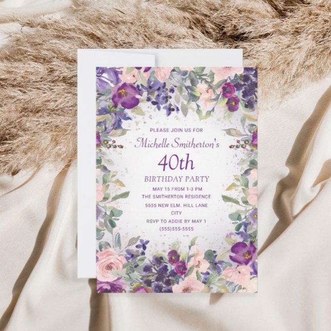 Invitación Morado Rubor Foliage floral rosa 40 cumpleaños (Subido por el creador)