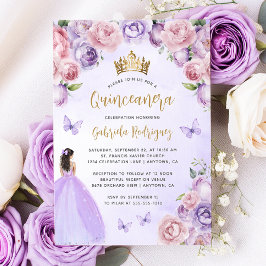 Invitación Morado Rubor Gold Floral acuarela Quinceañera