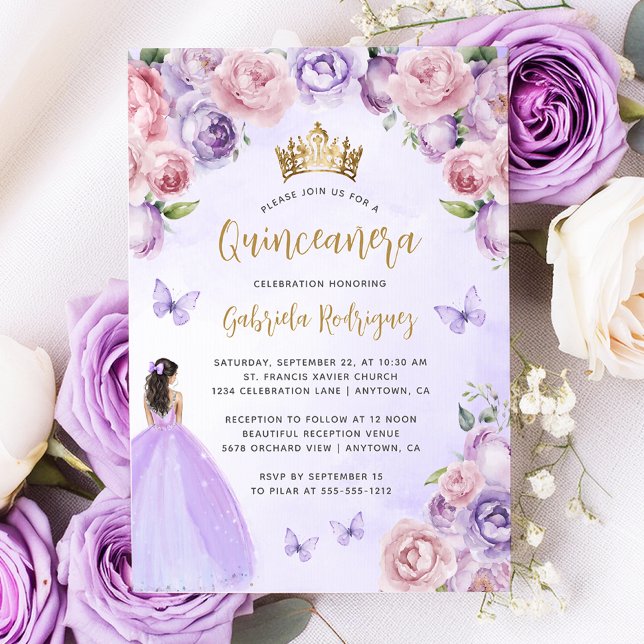 Invitación Morado Rubor Gold Floral acuarela Quinceañera (Subido por el creador)