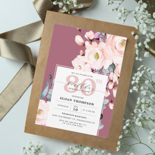 Invitación Morado Rubor Watercolor Floral 80 cumpleaños
