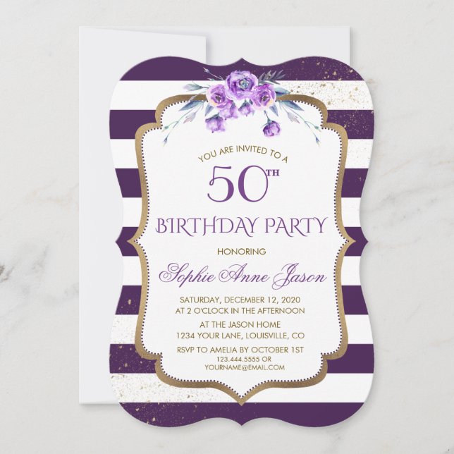 Invitación Morado Stripes Gold Violet Floral 50 cumpleaños (Anverso)