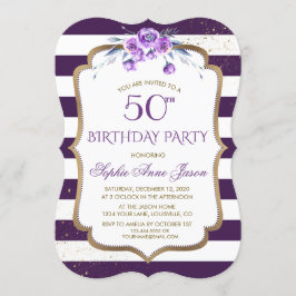 Invitación Morado Stripes Gold Violet Floral 50 cumpleaños