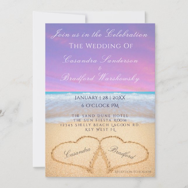 Invitación Morado Subset Beach Wedding 2 Hearts Sand (Anverso)