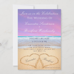Invitación Morado Subset Beach Wedding 2 Hearts Sand