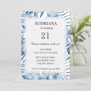 Invitación Morado tropical azul de hojas de flores cumpleaños