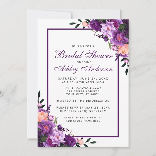 Invitación Morado Ultra Violeta Floral Bridal Shower Invite F (Anverso)