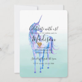 Invitación Morado unicornio Purpurina dorado mita acuarela