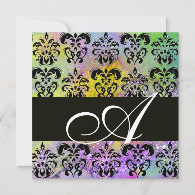 Invitación MORADO VERDE AMARILLO NEGRO  DAMASCO MONOGRAMA , b (Anverso)
