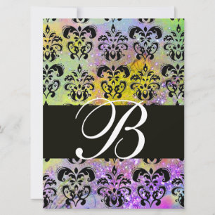 Invitación MORADO VERDE AMARILLO NEGRO DAMASCO MONOGRAMA , bl
