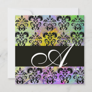 Invitación MORADO VERDE AMARILLO NEGRO DAMASCO MONOGRAMA , bl