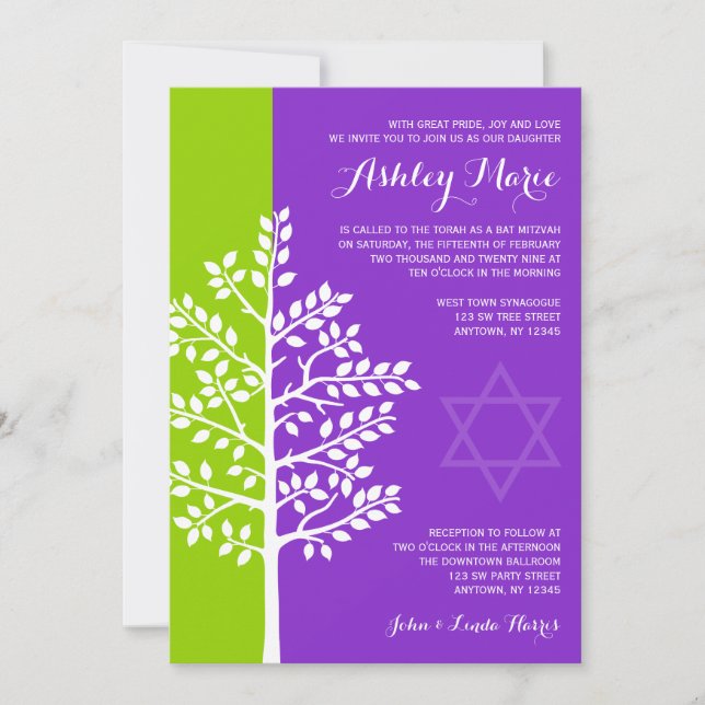 Invitación Morado verde árbol de la vida murciélago Mitzvah (Anverso)