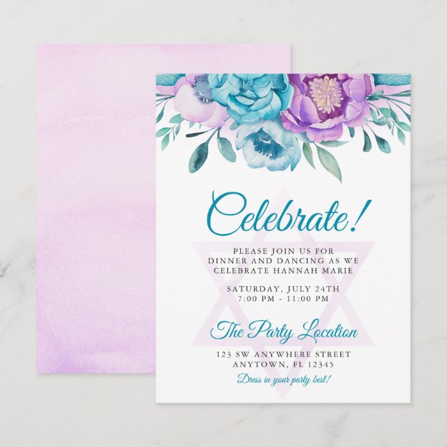 Invitación Morado Verde azulado acuarela Floral Bat Mitzvah F (Anverso / Reverso)