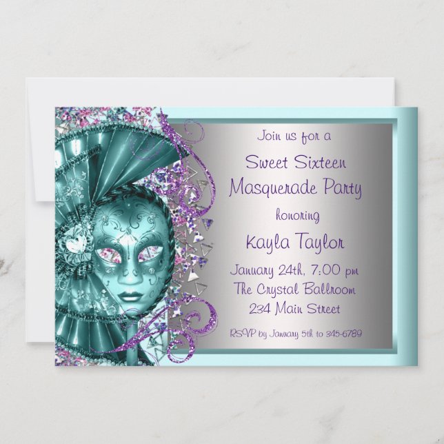 Invitación Morado Verde azulado Blue Sweet Dieciséis Fiesta d (Anverso)