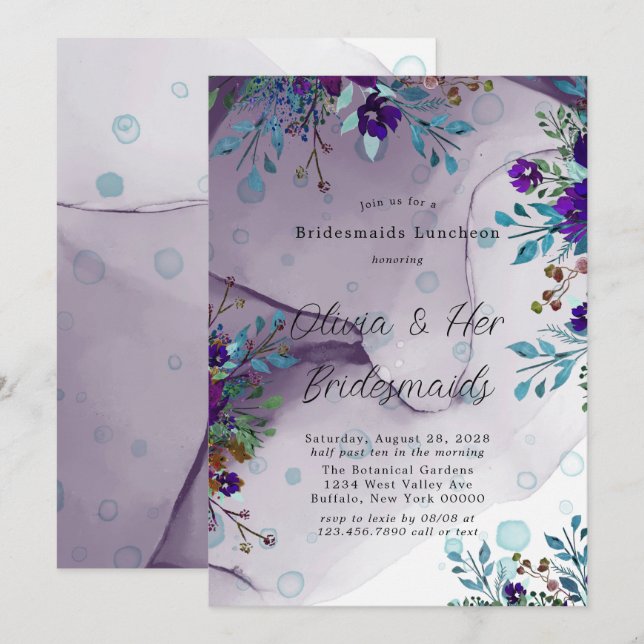 Invitación Morado Verde azulado Botánico Floral Bridesmaids L (Anverso / Reverso)
