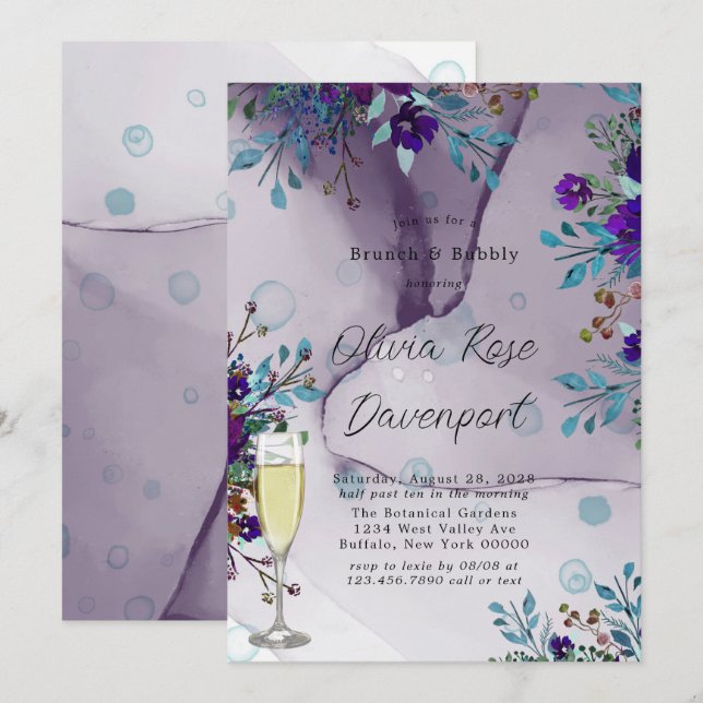 Invitación Morado Verde azulado de brunch y burbuja (Anverso / Reverso)