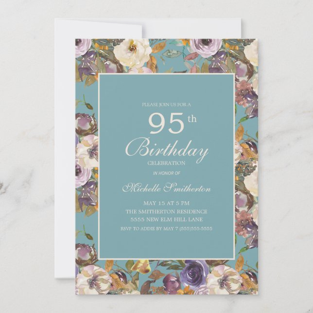 Invitación Morado verde azulado Mostaza Marfil Floral 95º cum (Anverso)